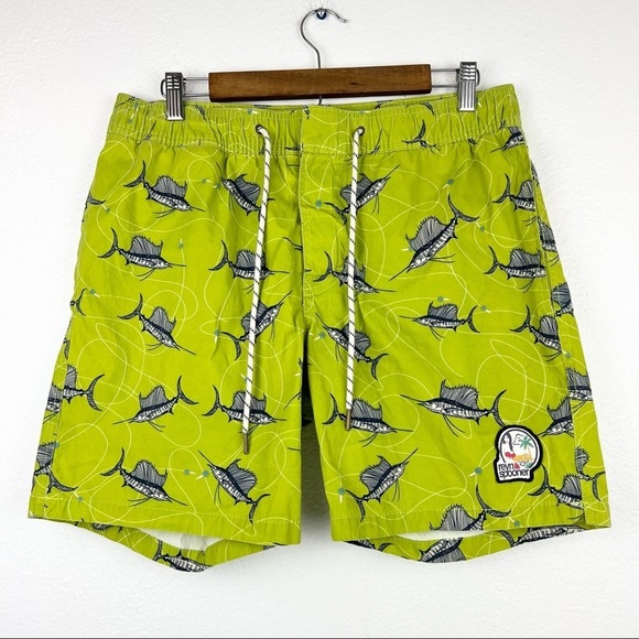 REYN SPOONER Stretch Polyester Swim Trunks, Lined, Green with Marlins, Size M - Picture 1 of 11